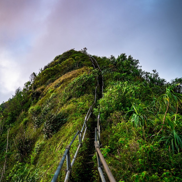 metal steps on bright green mountain, part of the famous, yet illegal Stairway to Heaven hike