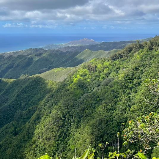 view of Koolau Mountains and Pacific Ocean from the summit of the Kuliouou Ridge Trail, one of the best sunrise hikes on Oahu, Hawaii
