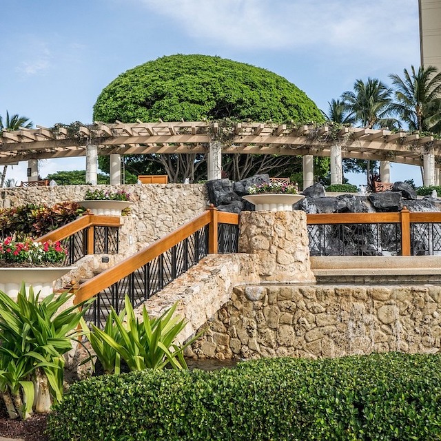 stairs and waterfalls near the entrance of Marriott's Ko Olina Beach Club